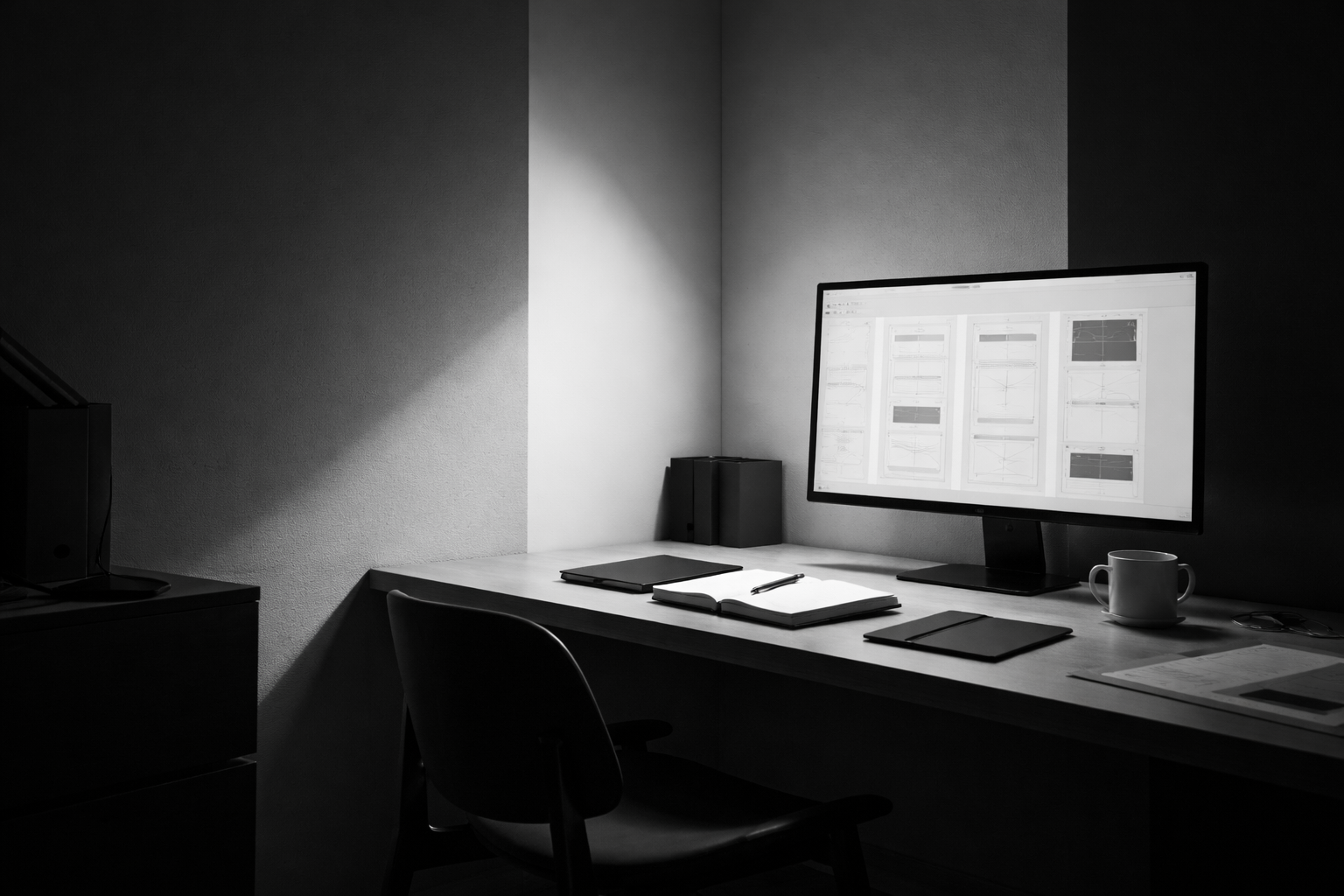 Black-and-white studio workspace with a desk, monitor, and strong geometric shadows.